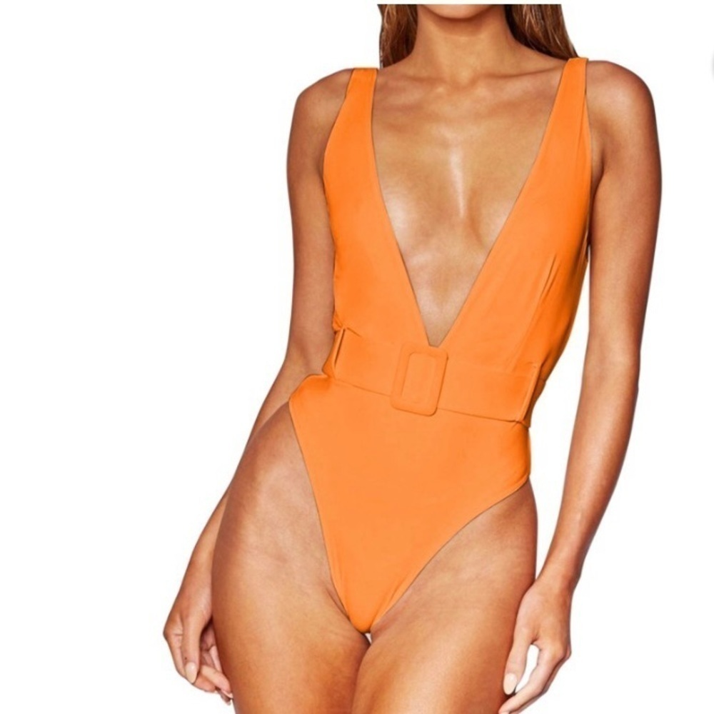New Plunging Belted One Piece Swimsuit Bright Neon Orange